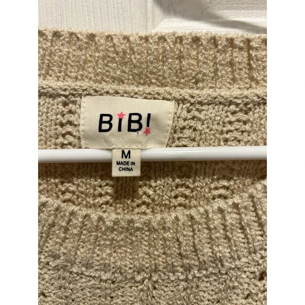 Bibi Knit Pullover Short Sleeve‎ Sweater Size Medium Cream Tan Oversize - Image 4