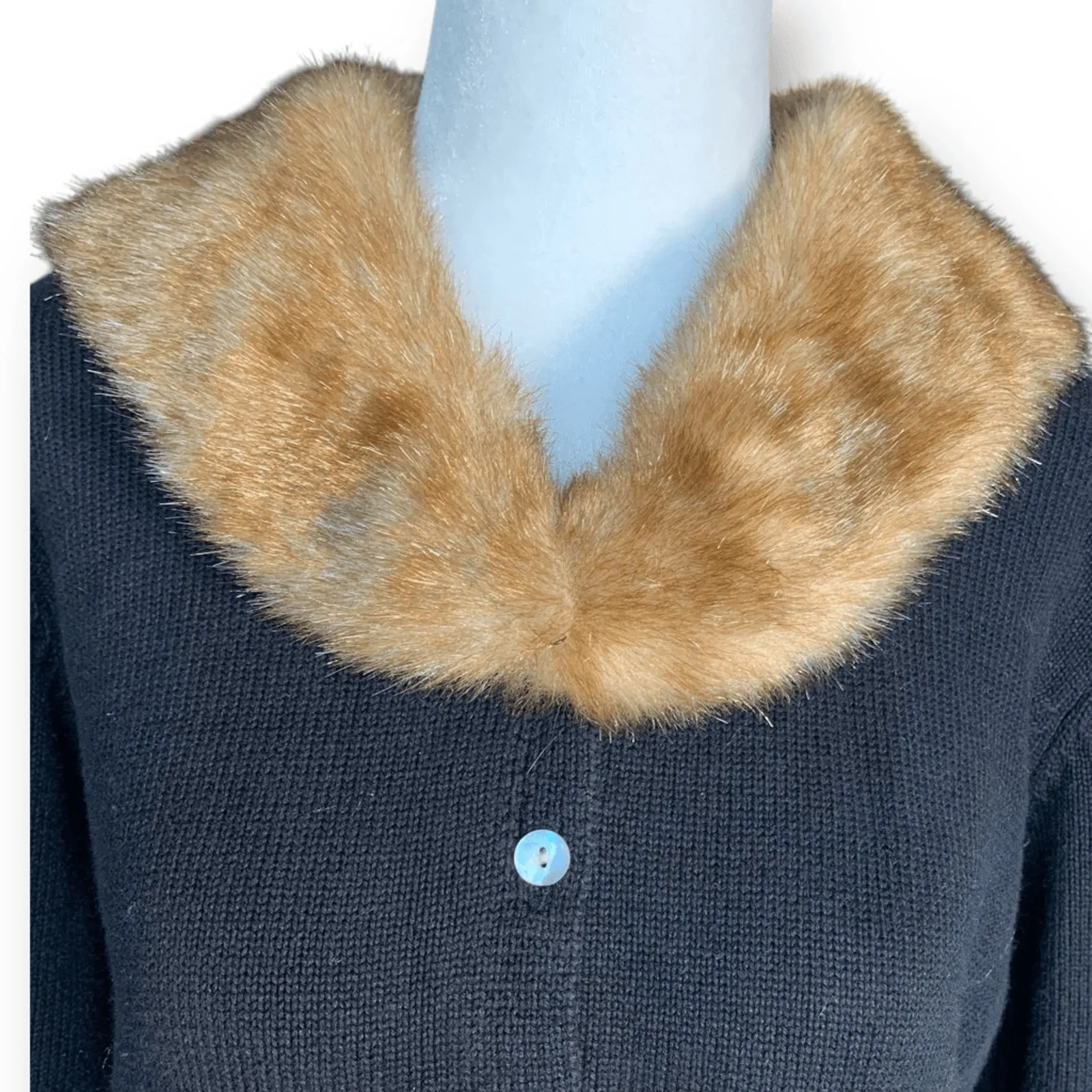 Vintage 90s Black Cardigan Sweater Exaggerated Removable Faux Fur Collar Large - Image 2