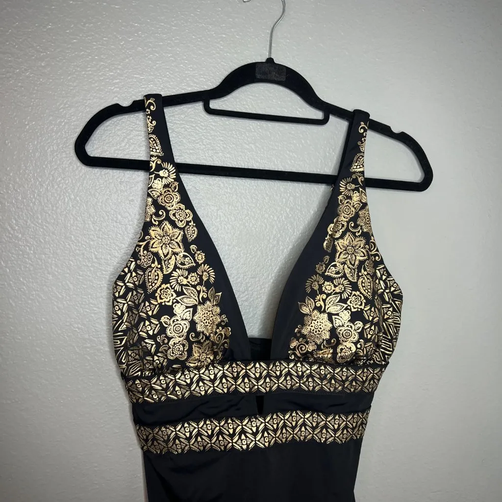 Swimsuits For All One Piece Swimsuit Size 10 Plunging‎ Neckline Black Gold NEW - Image 3