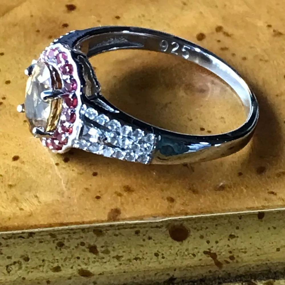 Natural Red Sapphire Yellow Zircon Sterling Silver Gemstone Halo Ring Size 8 - Image 7