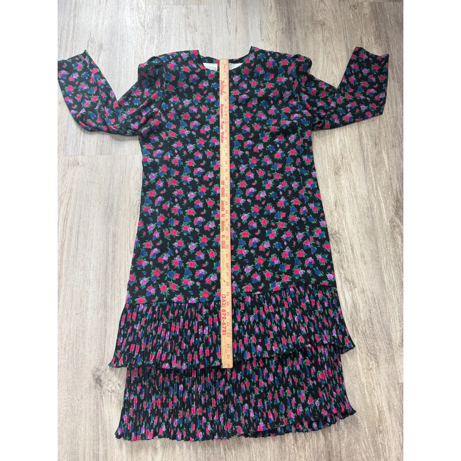 Vintage Liz Roberts Floral Print Dress Pleated Drop Waist Long Sleeve Size‎ M Black Size M - Image 7