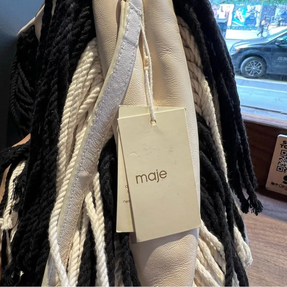 Maje M Bag in Leather and Bicolor Knit Black White Stripe Satchel NWT - Image 8