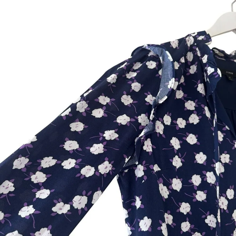 J Crew Dress Womens Purple Navy Scattered Peony Floral Tie Neck Tiered SZ M Size M - Image 6