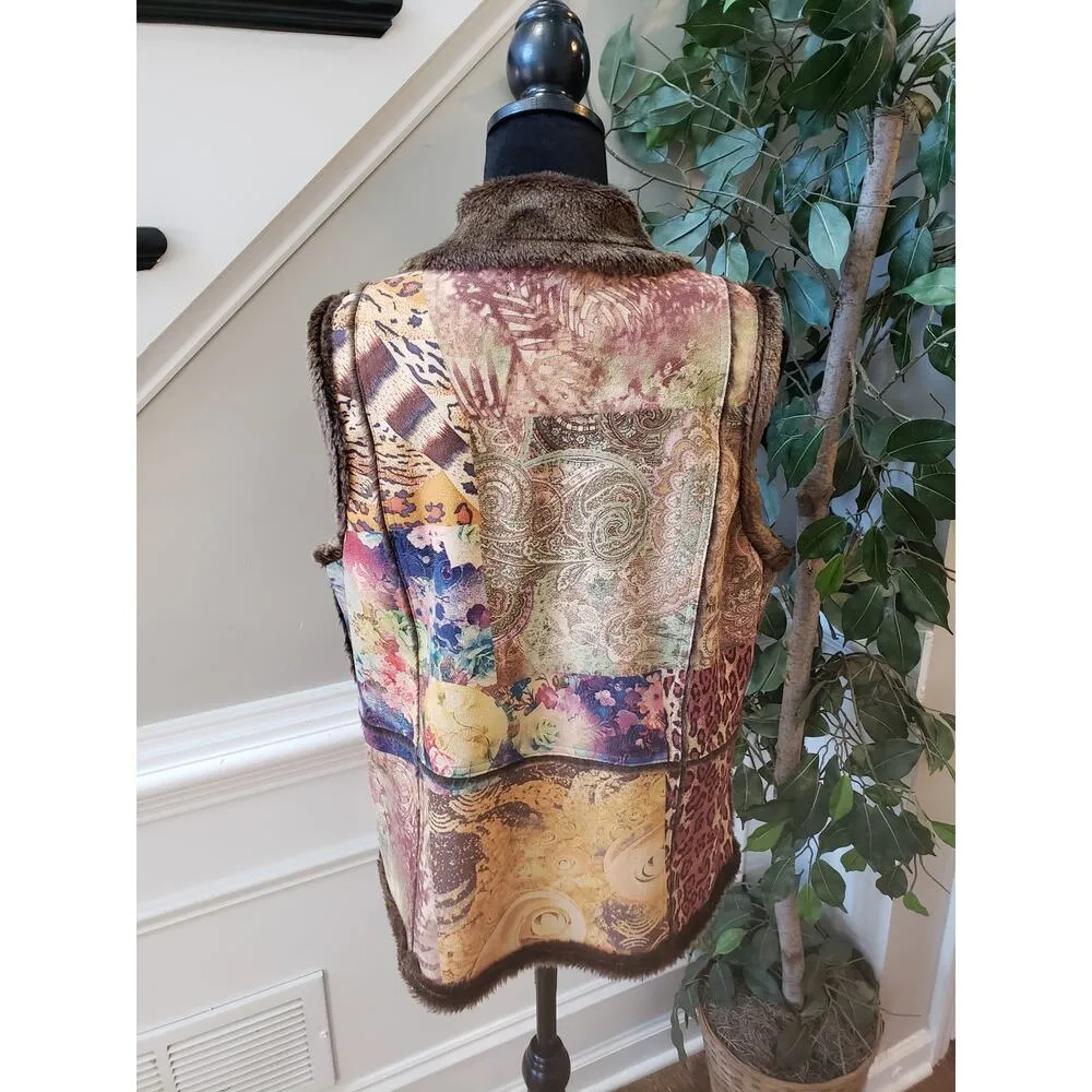 Weavz Faux Suede Vest Women's Medium Multi Geo Print Faux Fur Lined Button Front Brown - Image 12