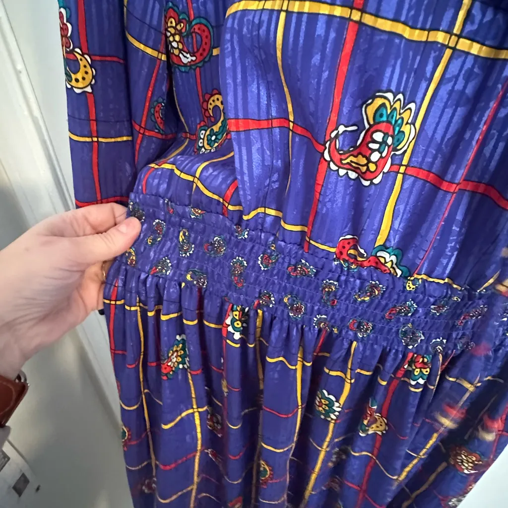 Vtg 80s Jaymee Papell midi dress smocked paisley 3/4 bishop sleeve ruffle granny Purple Size M - Image 6