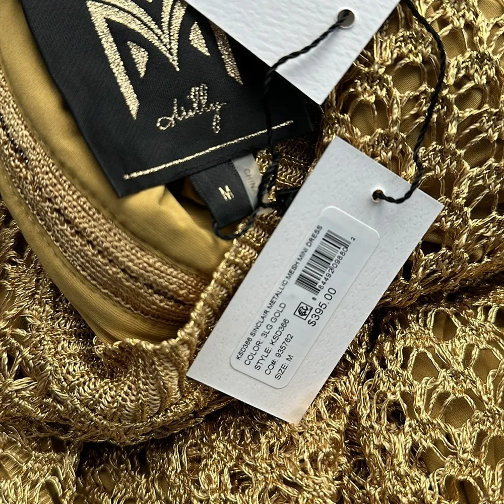 NWT MILLY Sinclair metallic mesh gold semi sheer knit dress mini luxury cocktail - Image 9