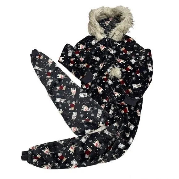 SECRET TREASURES One Piece Adult Sleeper Christmas Holiday Dog Print Furry Hood - Image 1