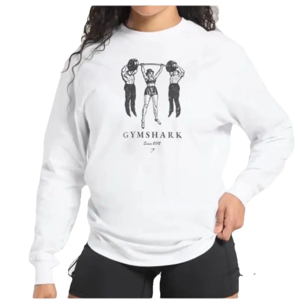 Gymshark Graphic Long Sleeve T Shirt White 100% Cotton Weightlifting Print Large - Image 2