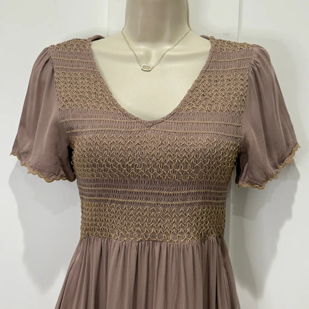 Baltic Born Smocked Midi Dress XS Brown Flutter Sleeve Boho Lagenlook Cottage - Image 5
