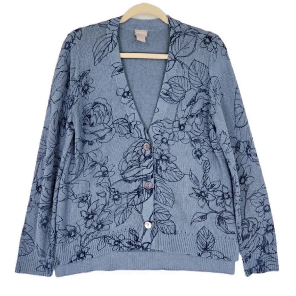 Chico's Linen Blend Blue Floral Print Cardigan (Size 1) - Image 3