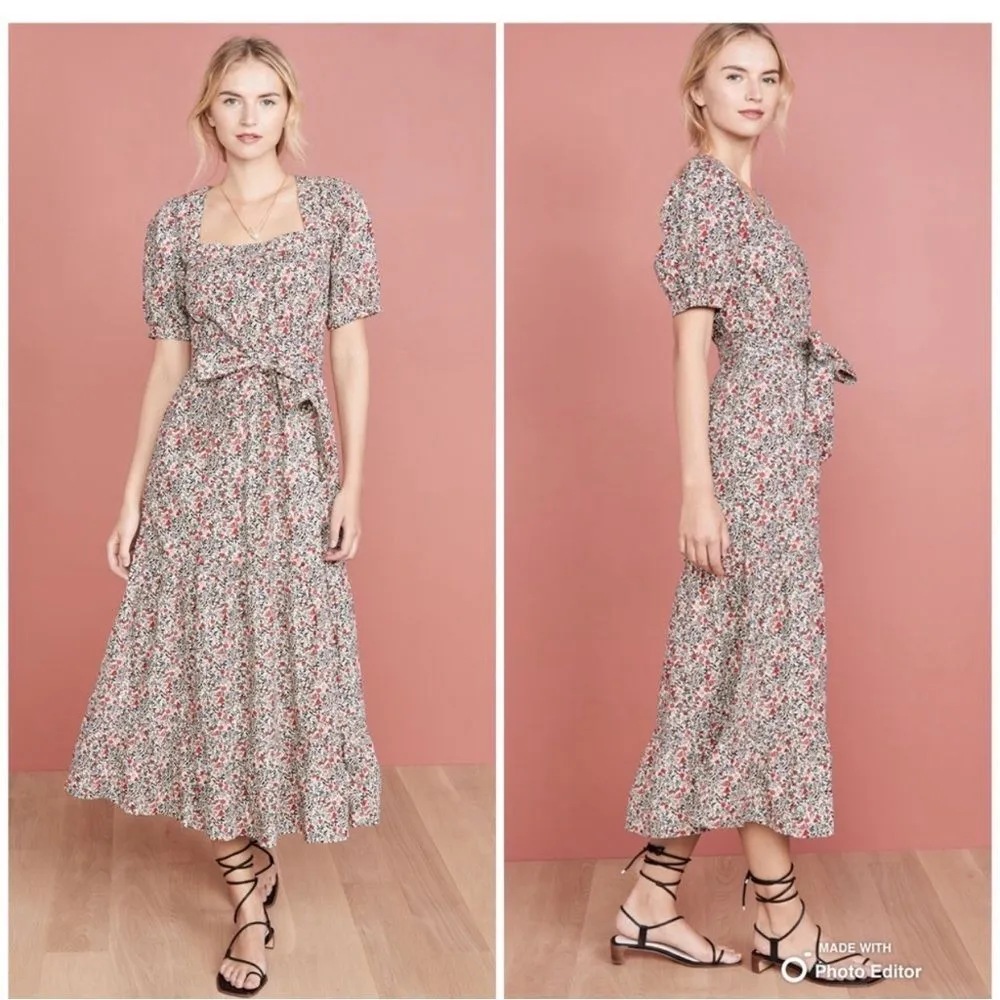 Free People Heartlands Floral Puff Sleeve Tiered Cotton Midi Maxi Dress Size S - Image 4