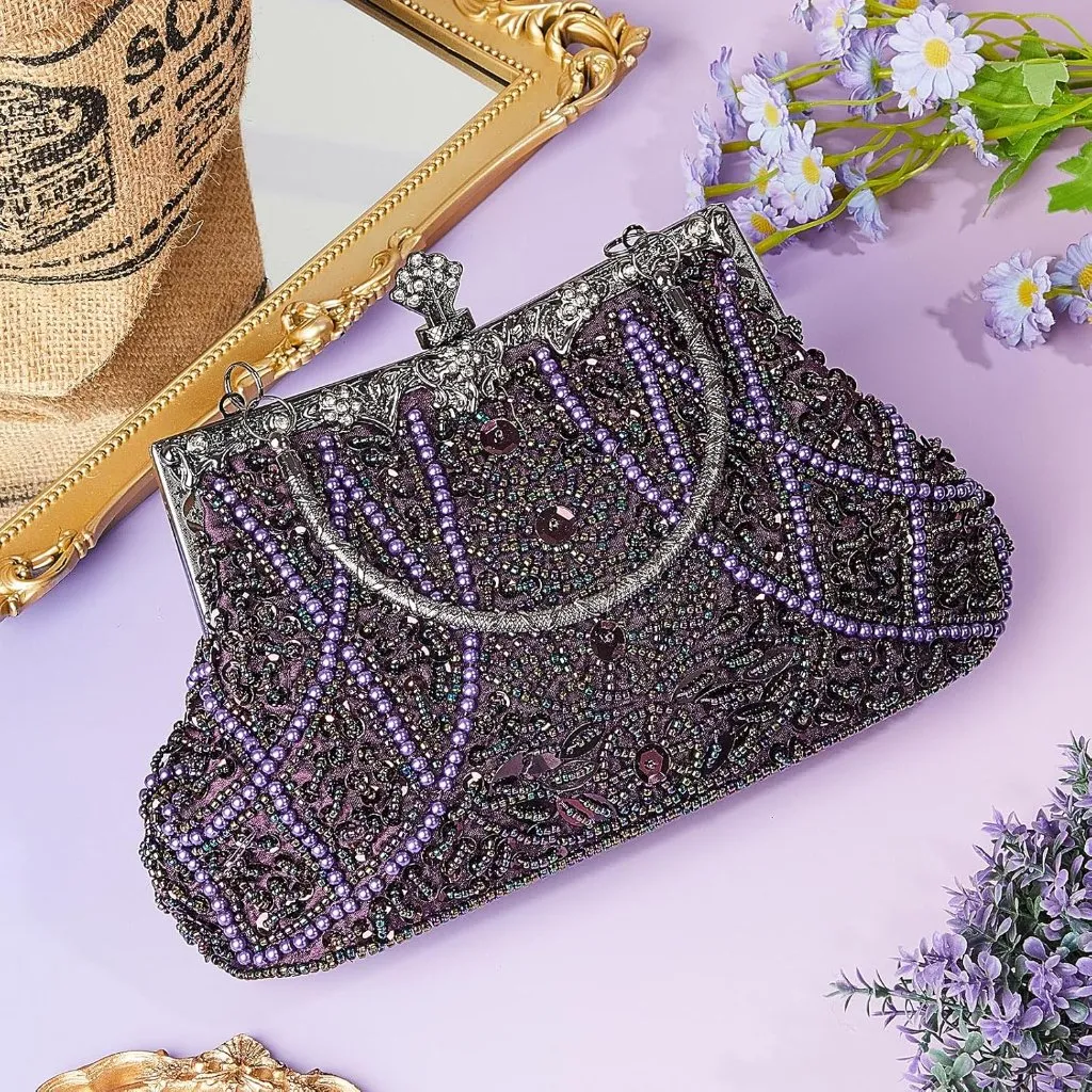 ⚡ Women's Purple Rhinestones Vintage Beaded Satin Lining Evening Clutch Bag - Image 2