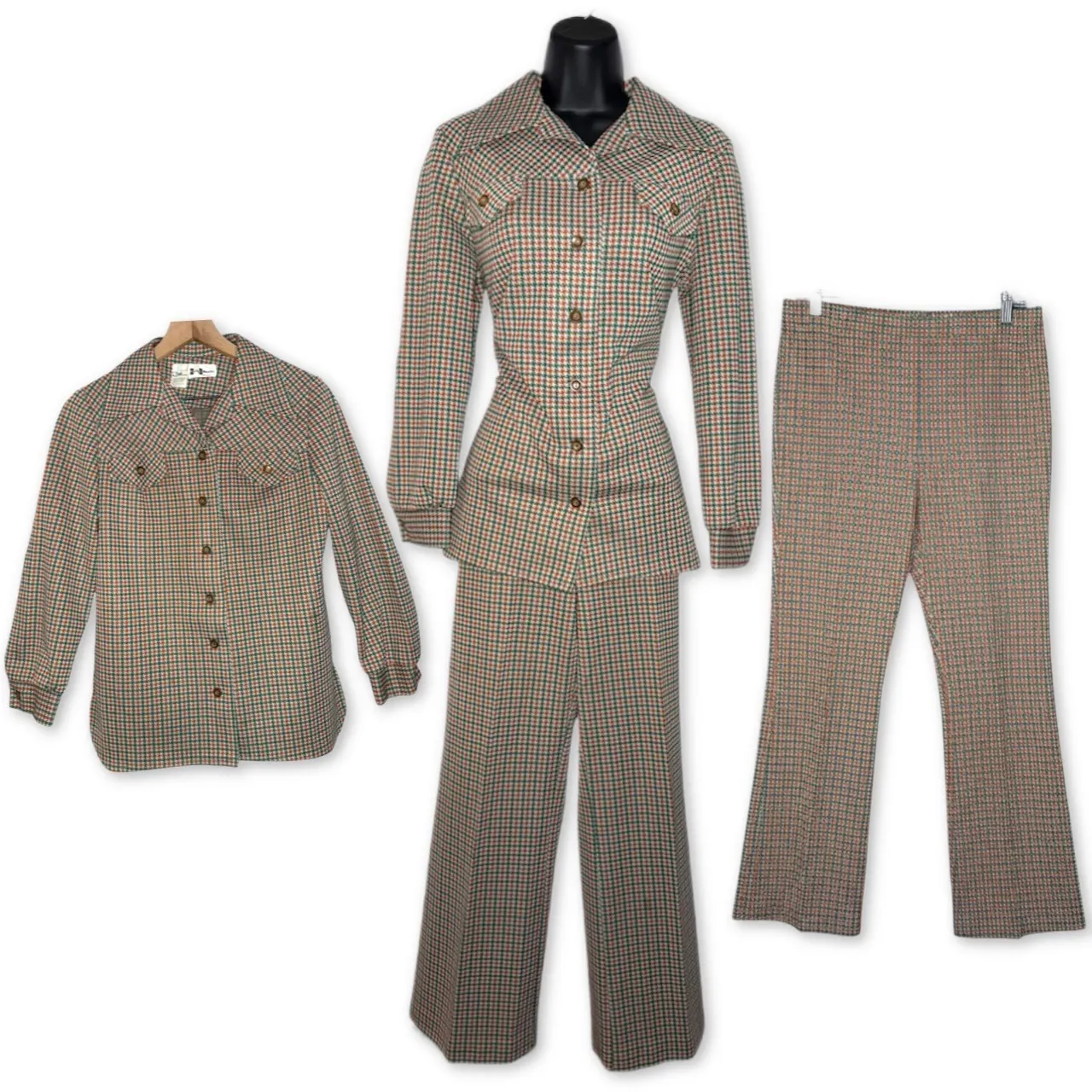 Vintage 70's 2 Pc Houndstooth Marty Gutmacher Pantsuit Orange Green Beige Size L - Image 3