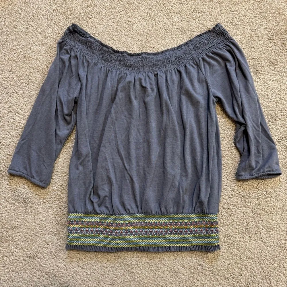 American Eagle vintage Y2K boho embroidered off the shoulder gray top, size XS - Image 4