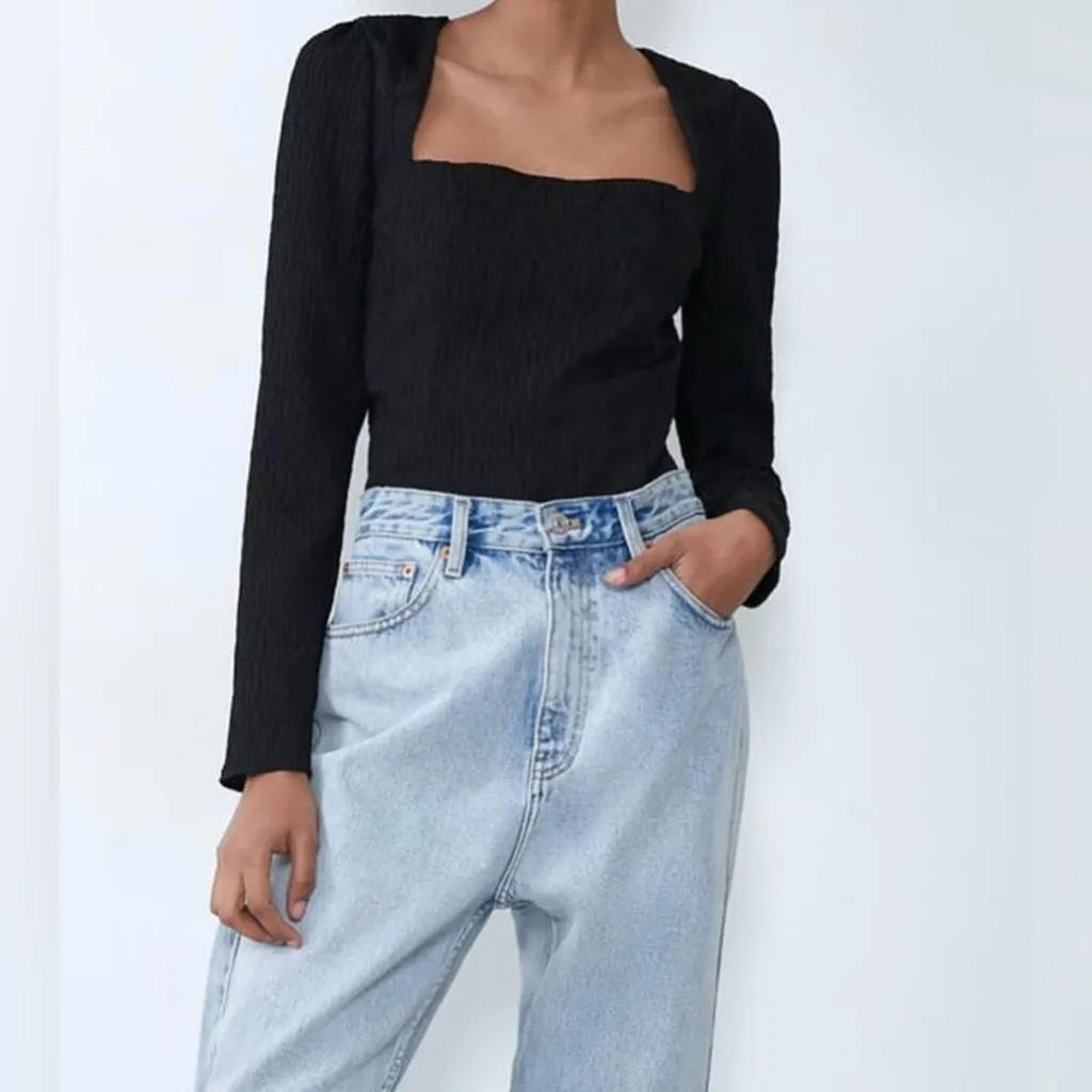 ZARA Textured Square Neck Long Sleeve Black‎ Bodysuit Top Size Small - Image 3