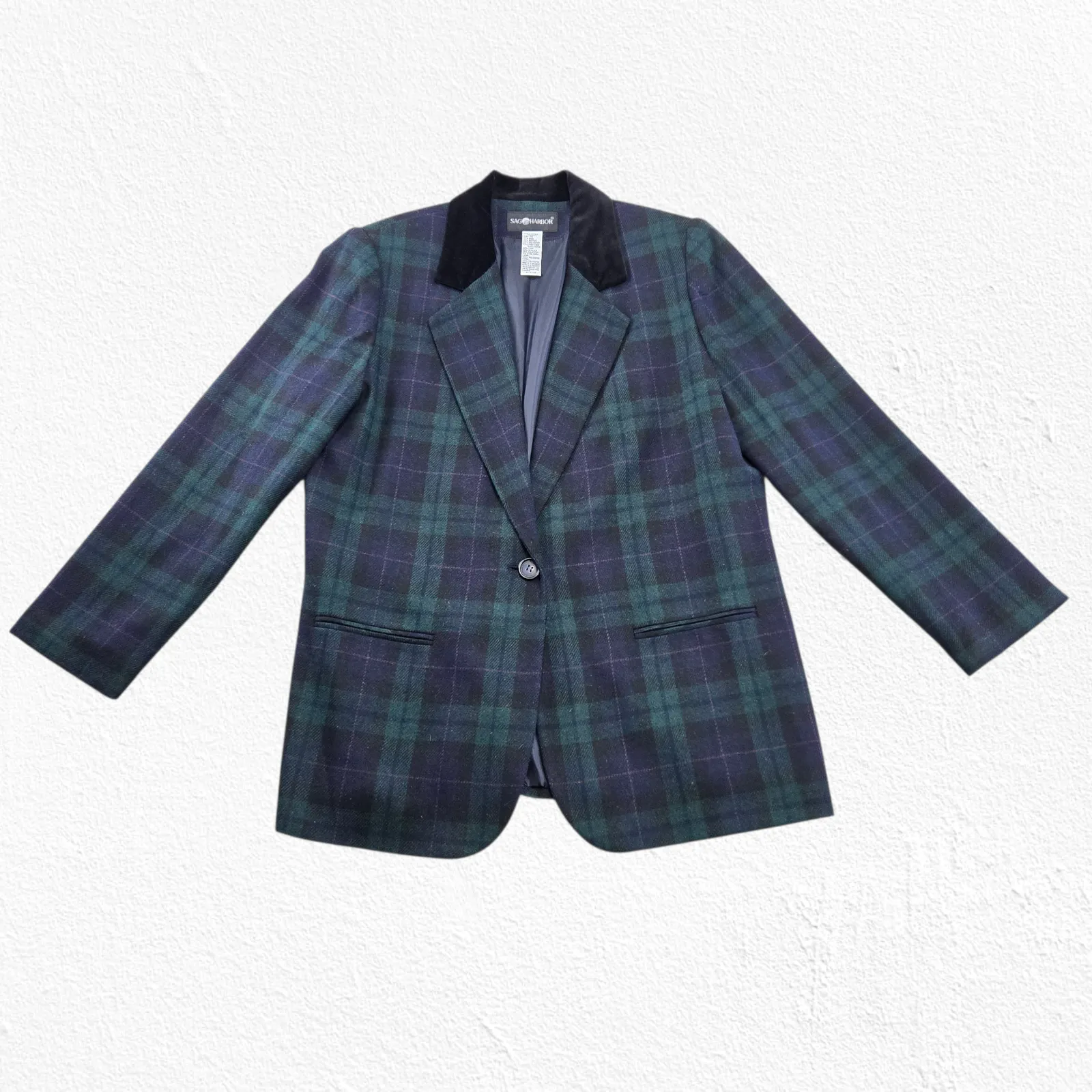 Vintage Black Watch Tartan Green Plaid Wool Blend Blazer Velvet Collar Size 14 - Image 3