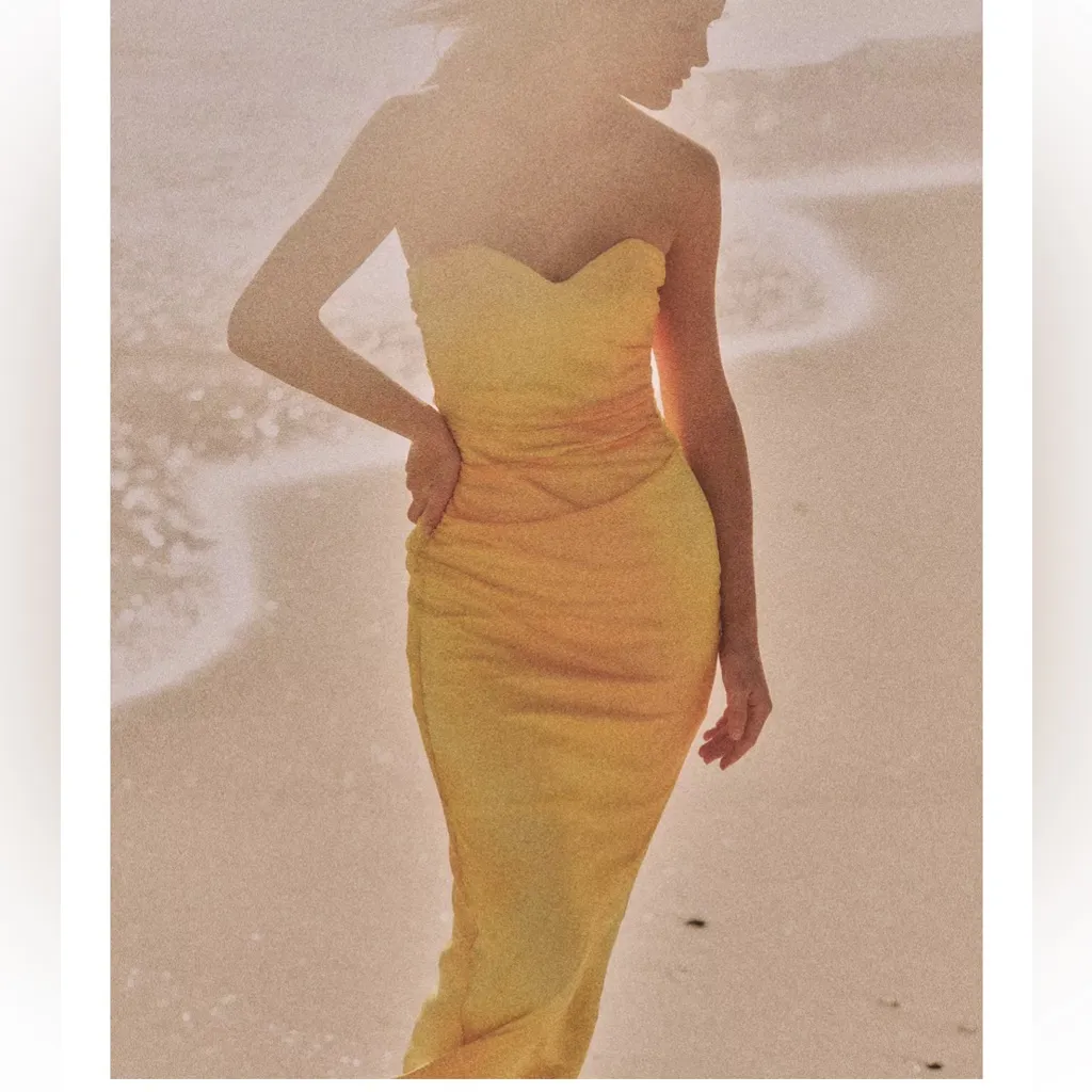 Zara NWT yellow orange tie dye printed tulle midi draped ruched sweetheart dress - Image 3