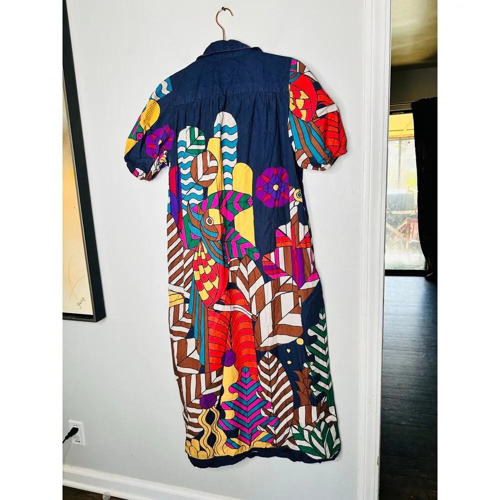 CAROLINA K Geometric Cotton Button Front Valerie Pleated Kaftan Gown Dress M Size M - Image 9