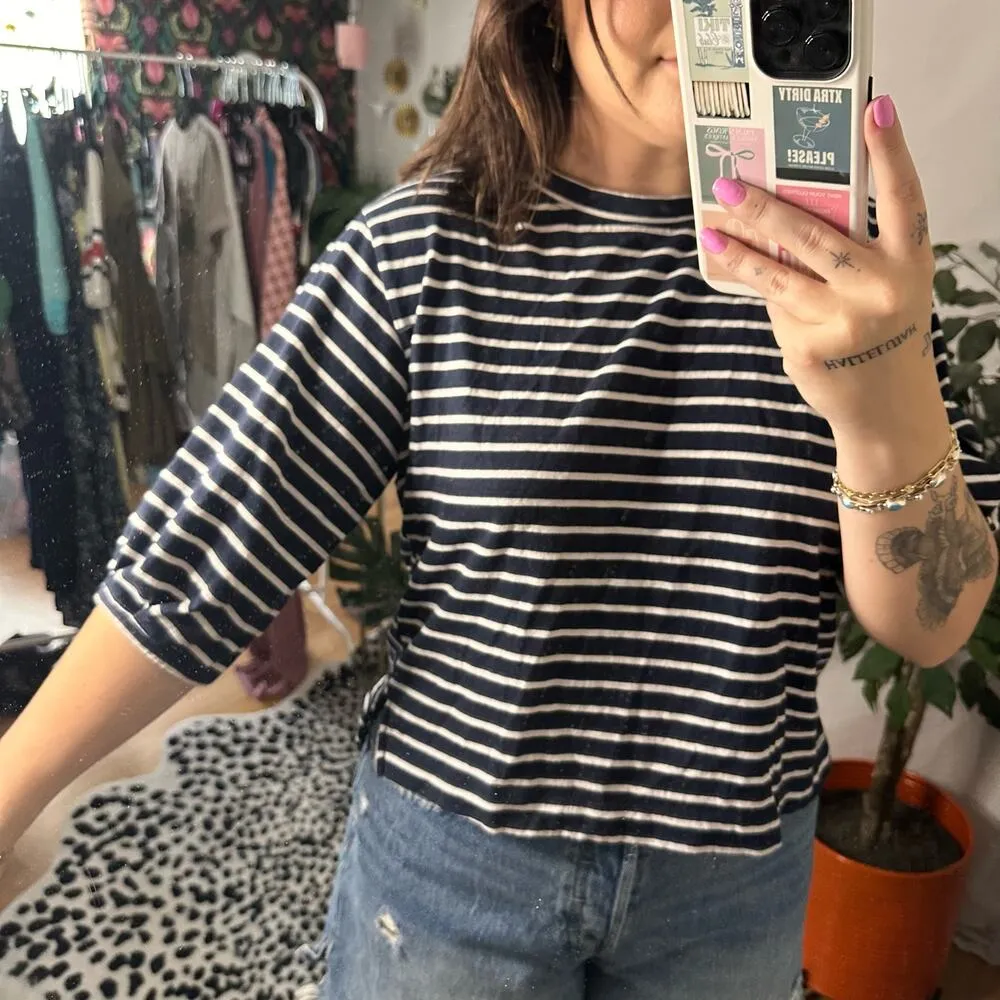 Anthropologie Maeve Stripe Crew Neck Half Sleeve Tee Navy White Size Small - Image 4