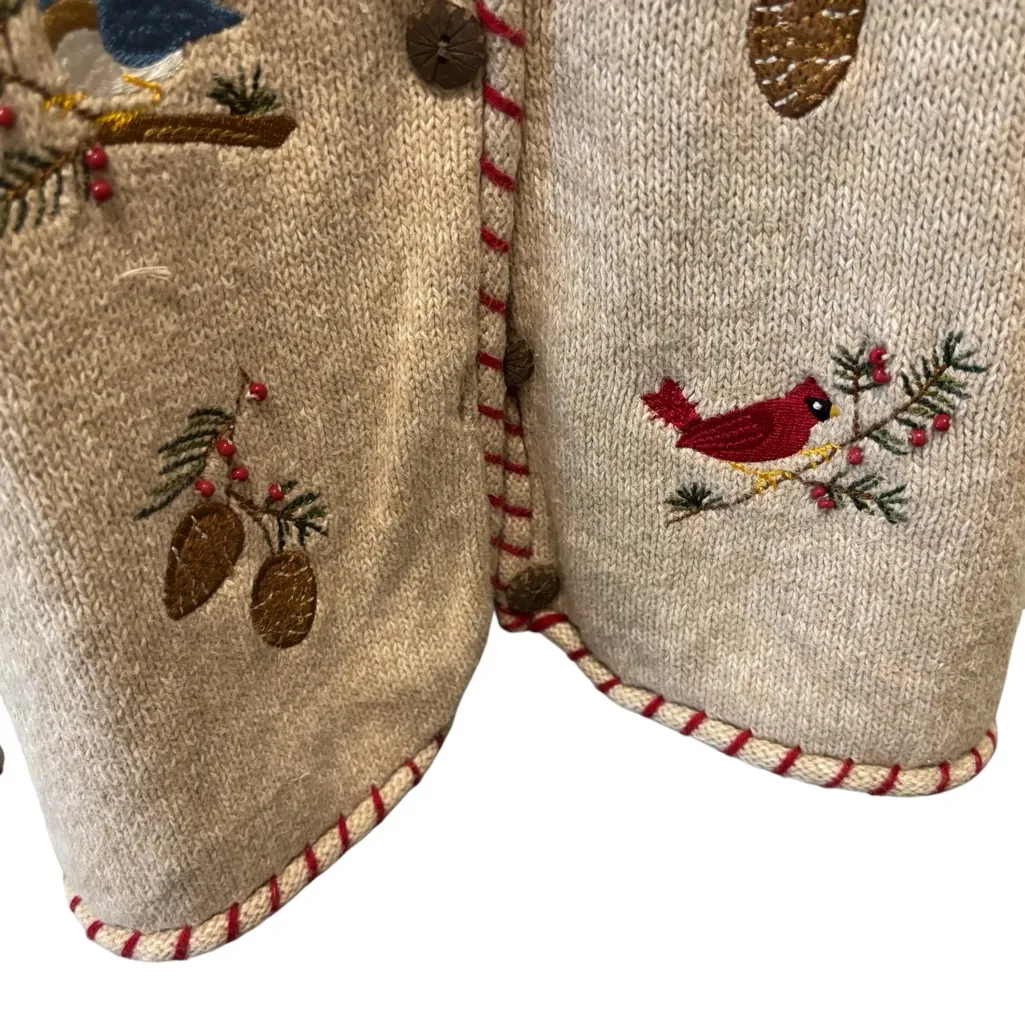 Christmas Holiday Cardigan Sz XL Tan Embroidered Cardinals Bluebirds Winter Cozy - Image 6