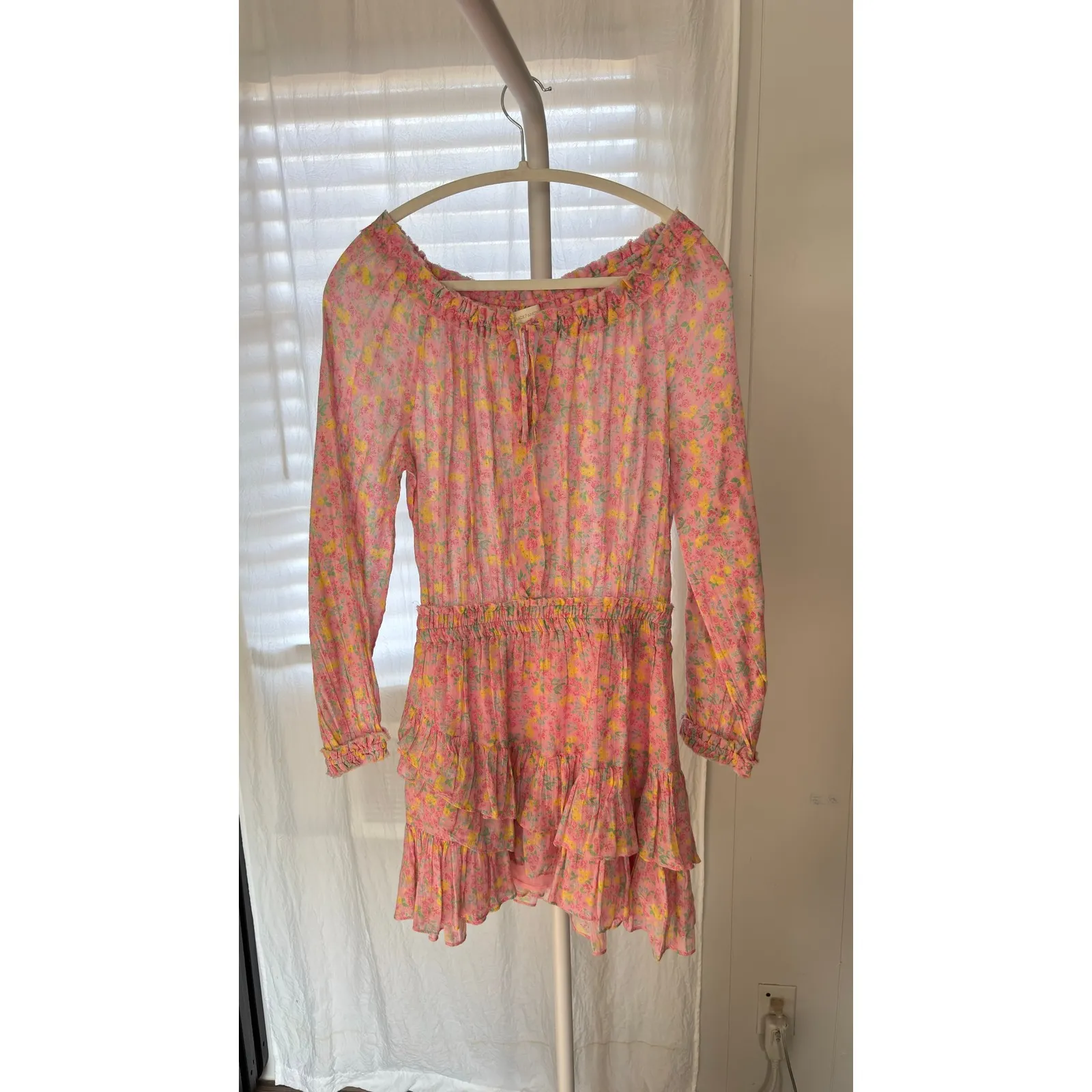 $295 Love Shack Fancy Pink Floral Ruffle Smocked Waist Mini Dress S - Image 2