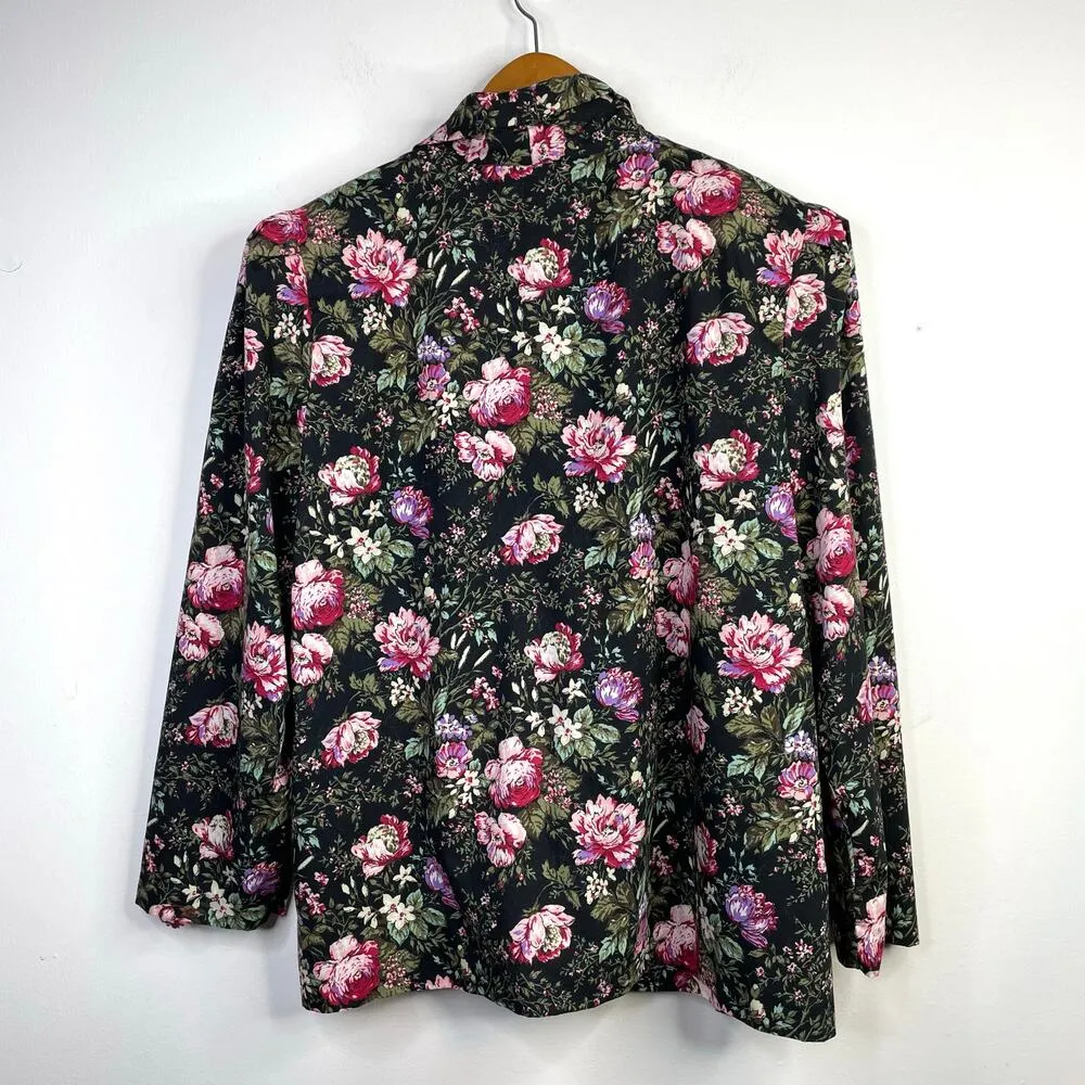 Vintage 90s Floral Flower Blazer Jacket Pouf Shoulders Black Pink Womens L XL - Image 6