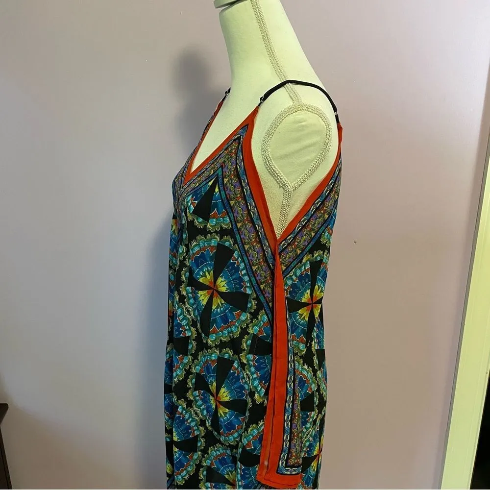 Meraki Boho Mini Dress Chiffon Handkerchief V Neck Psychedelic Print Size Large Black - Image 5