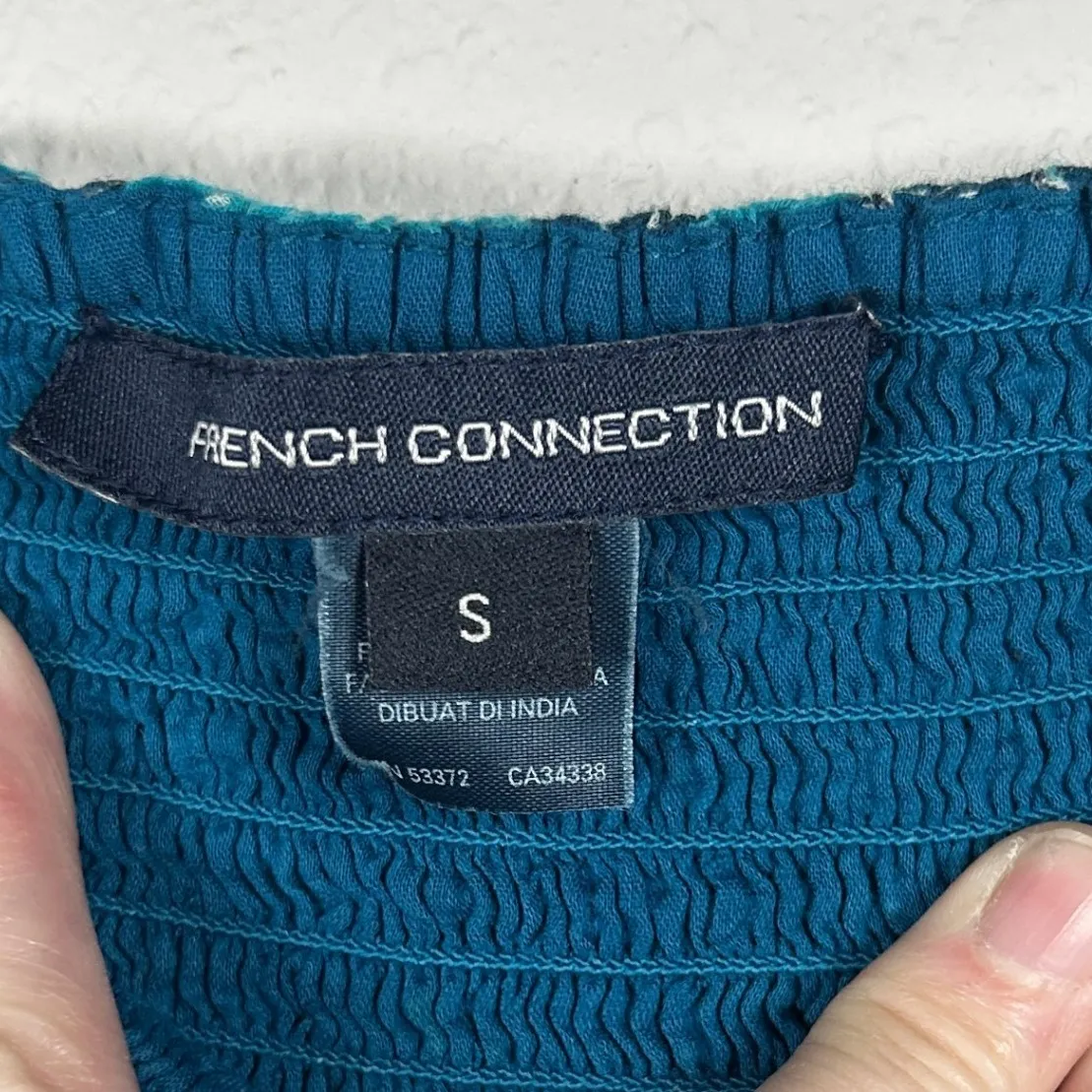 French Connection Strapless Tube Top Smocked Sundress Teal Blue Green Print Boho - Image 4