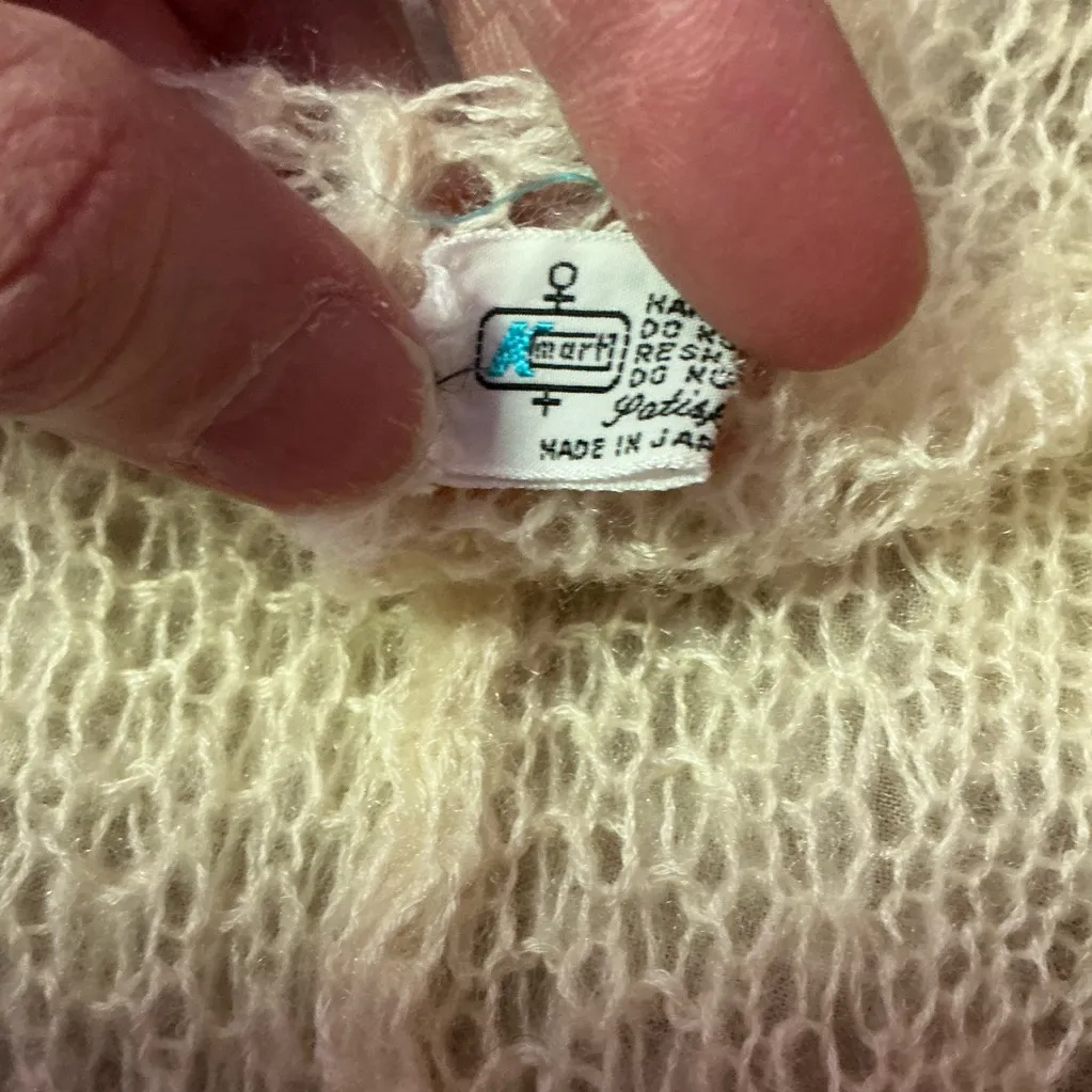 Vintage Cream Crochet Knit Tie Front Cover Up | 70s Boho Sheer cardigan - Image 3