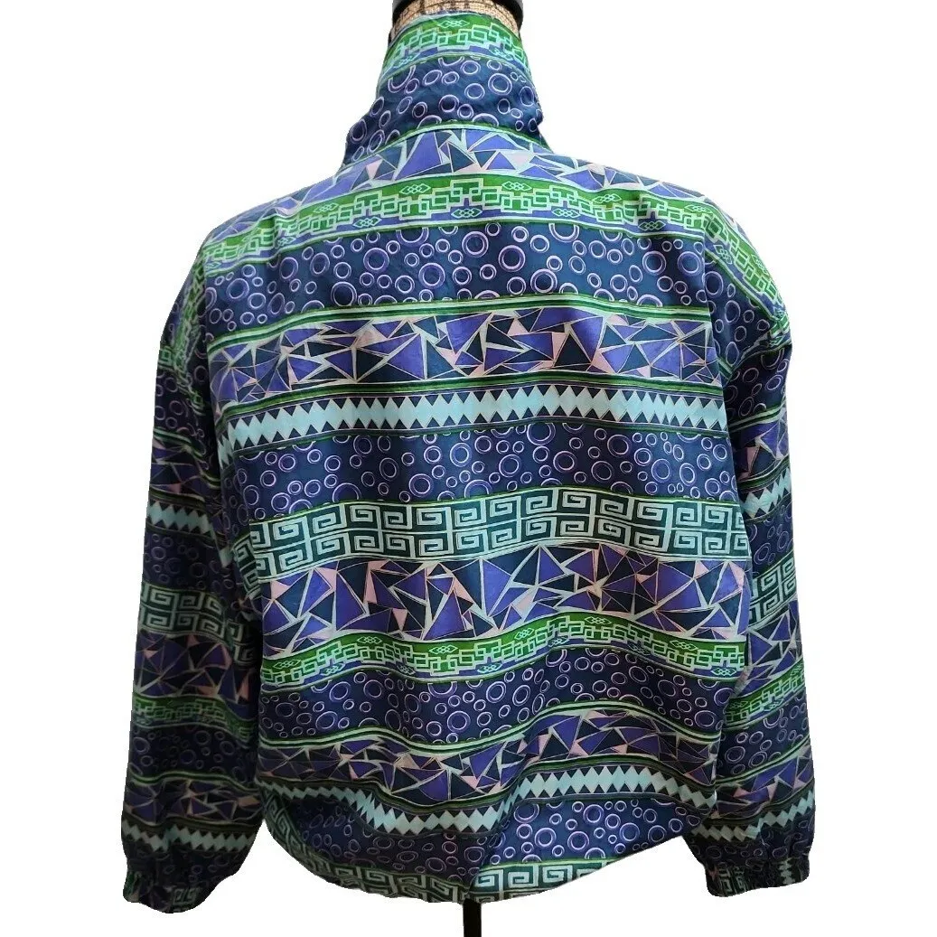FUDA International Silk‎ Bomber Jacket Abstract Print Full Zip L Blue Size L - Image 5