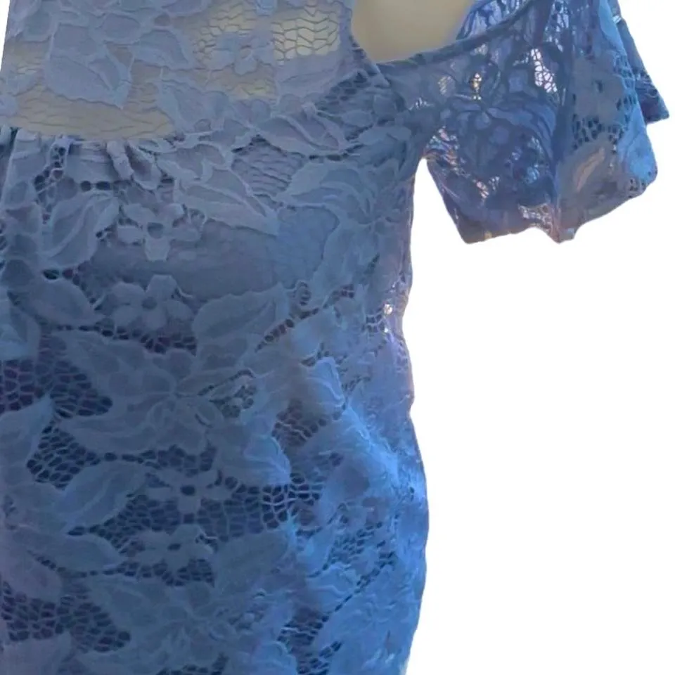 G Collection Lace Cold Shoulder Mock Neck Blouse Slate Blue Size L Size L - Image 4