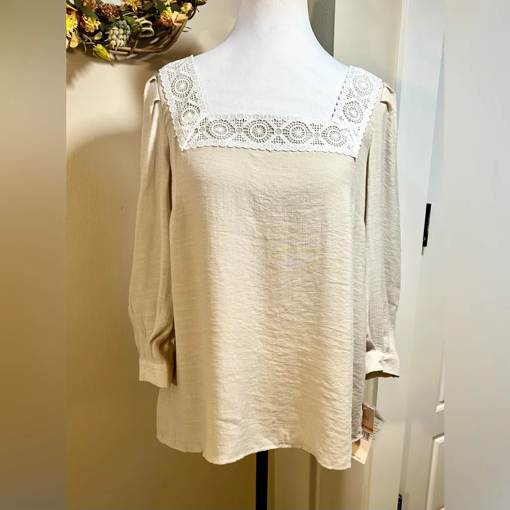 NANETTE LEPORE Lace Square Neck 3/4 Sleeve Blouse in Light Stone NWT Sz S - Image 11