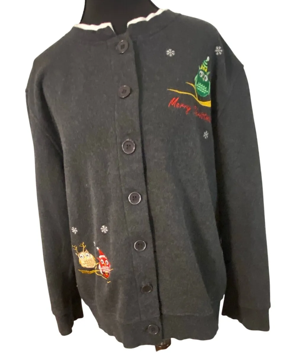 Y2K Christmas Owl Button Up Gray Cardigan White Collar Petite Medium Holiday Size undefined - Image 1