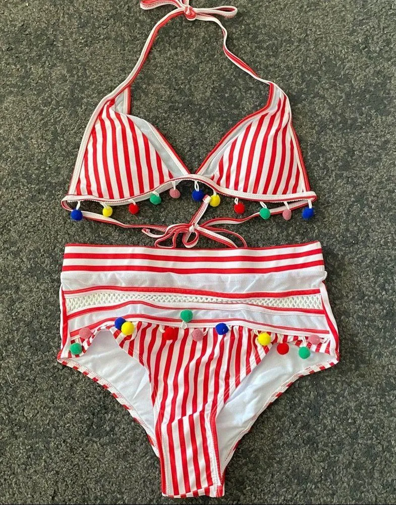 red striped Pom Pom high waist swimsuits Size XL - Image 4