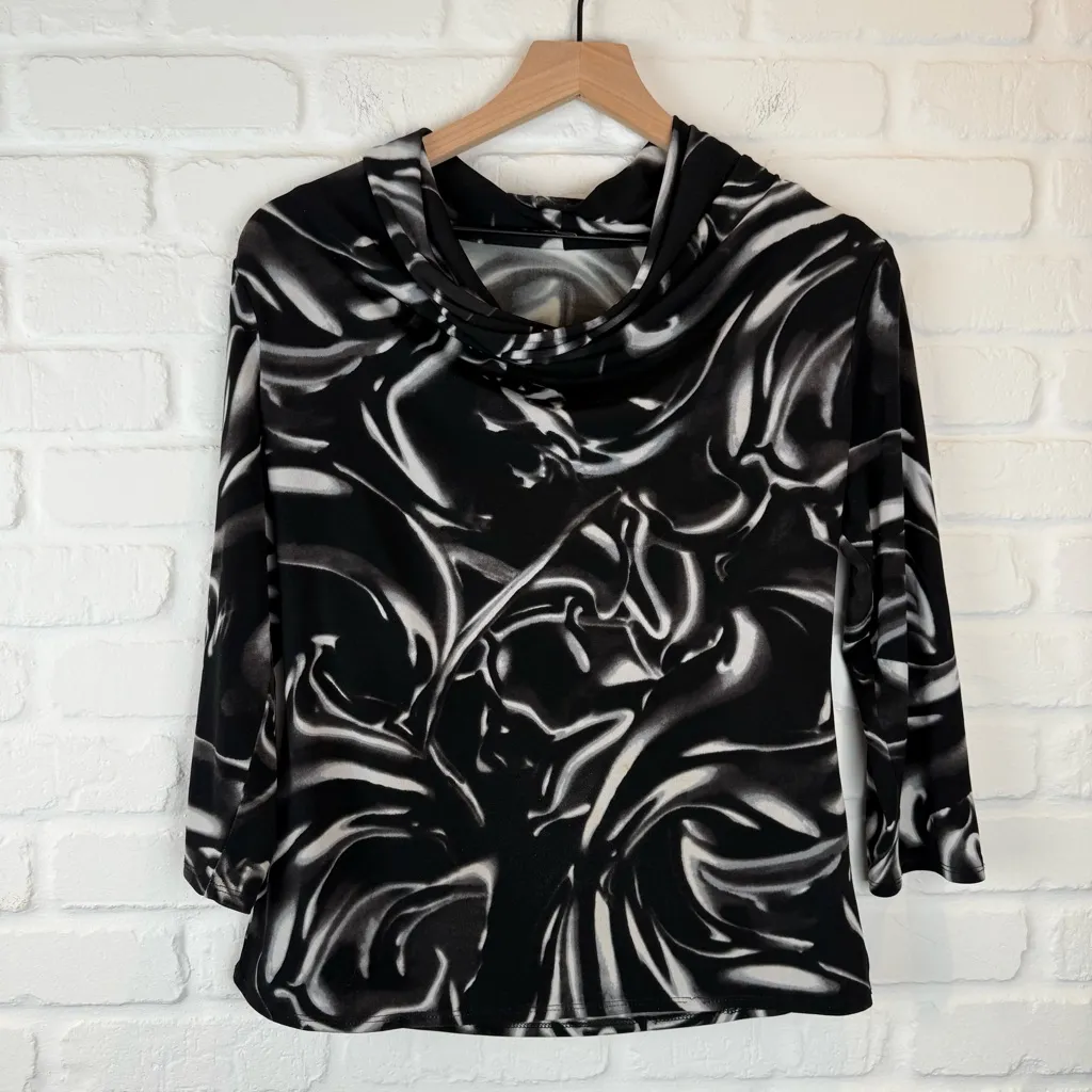 Adrienne Vittadini Petite Black White Swirl Cowl Neck Top abstract PM - Image 1