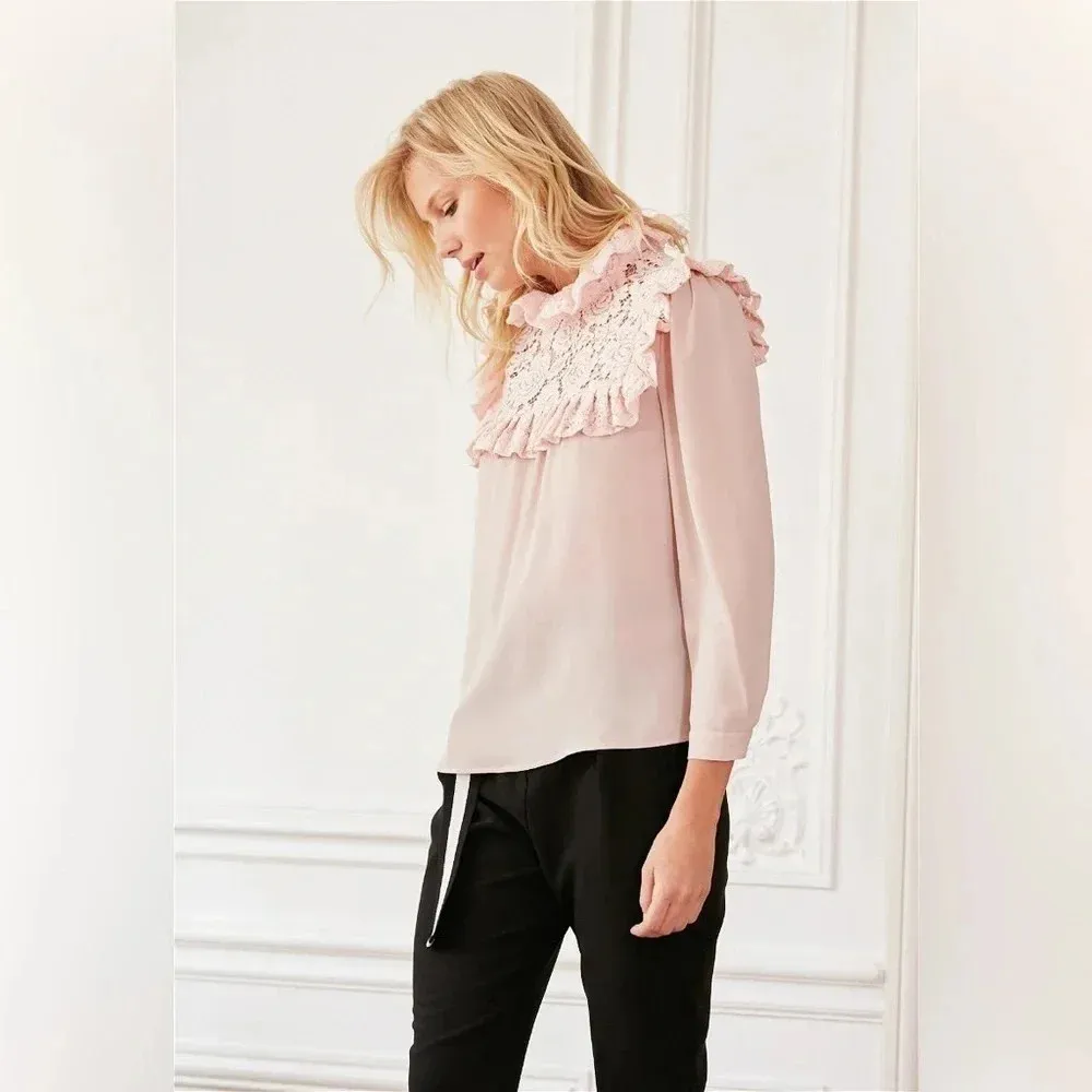 CLAUDIE PIERLOT Blush Pink Long Sleeve Ruffle Begonia Top Blouse Size 38 FR 6 US - Image 3