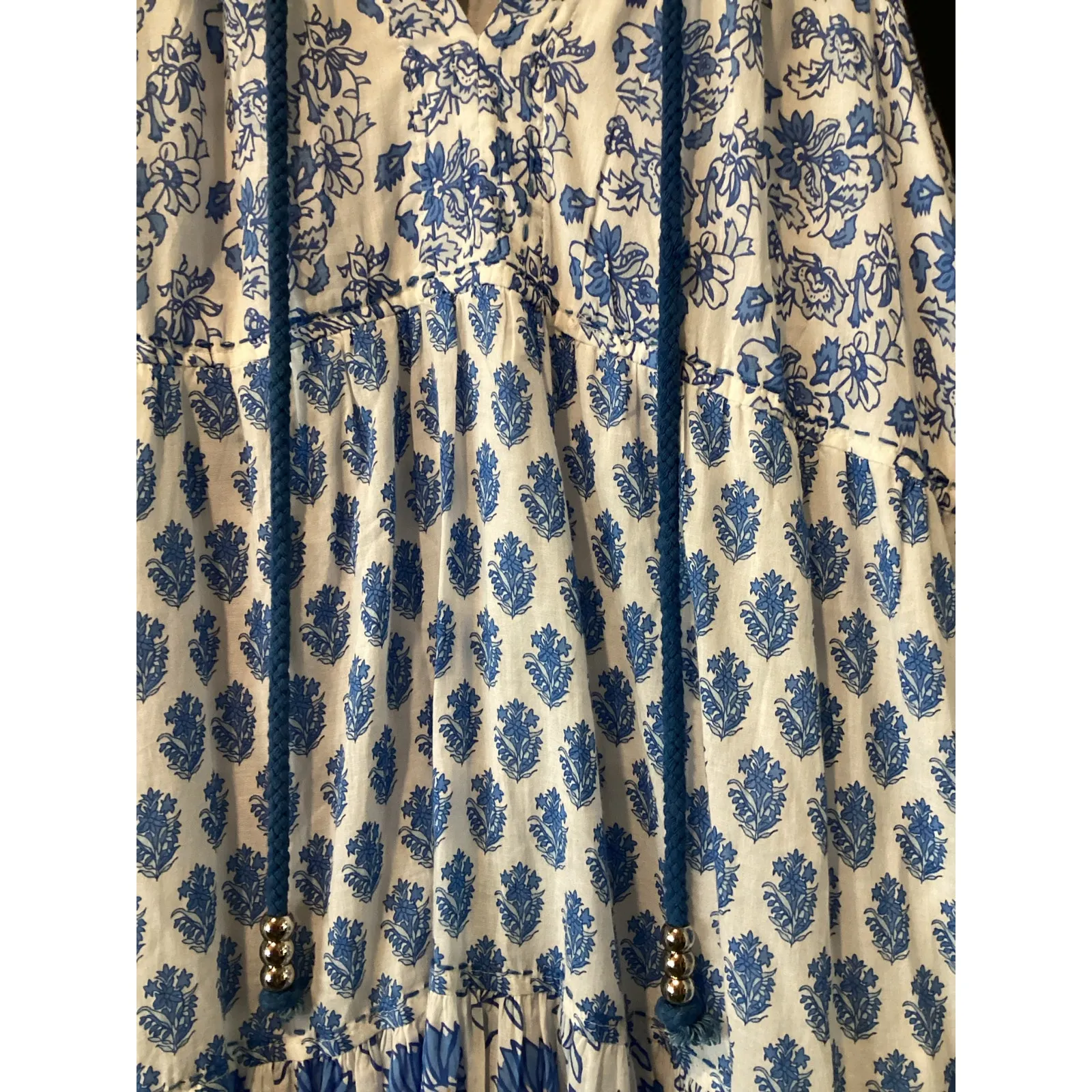 Calypso St Barth Daria Dress L Blue White Block Print Floral Cotton Resort Maxi - Image 9