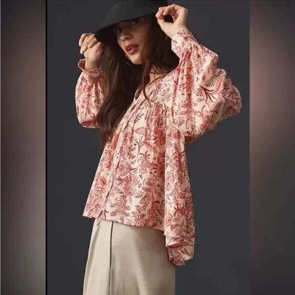 ANTHROPOLOGIE Paisley‎ Boho Top Small Petite Shirred - Image 2