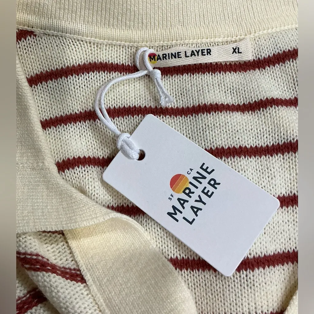 Marine Layer Sage Polo Sweater Red Cream Stripe Knit Top Cotton Blend XL NWT - Image 5