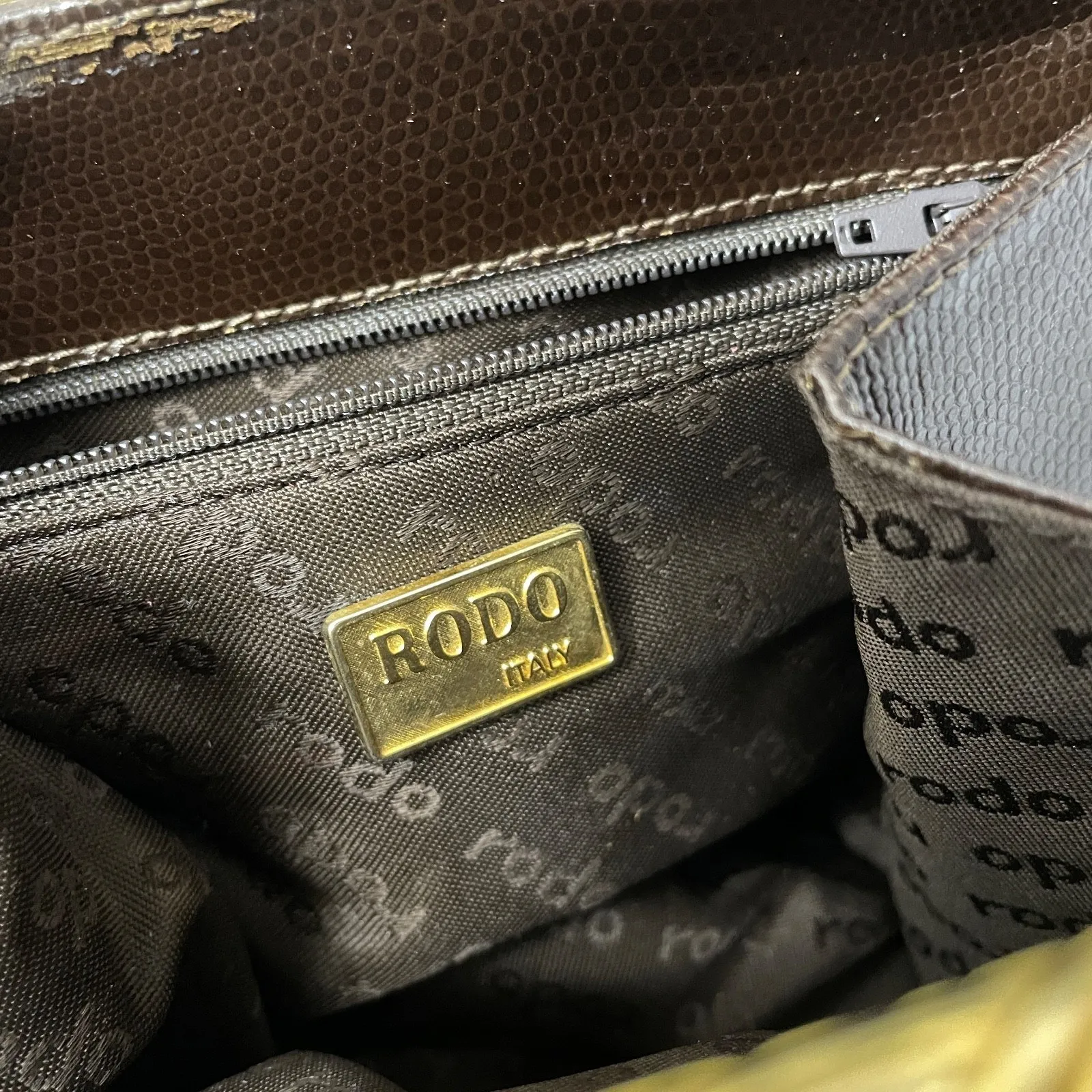 Vtg RODO Italy Leather Frame Handbag Clutch Brown Goldtone Embossed Lined - Image 11
