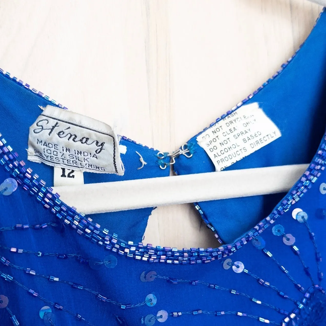 VTG Stenay Silk Beaded Dress Size 12 Blue Fringe Art Deco Cocktail Glam Gatsby - Image 4