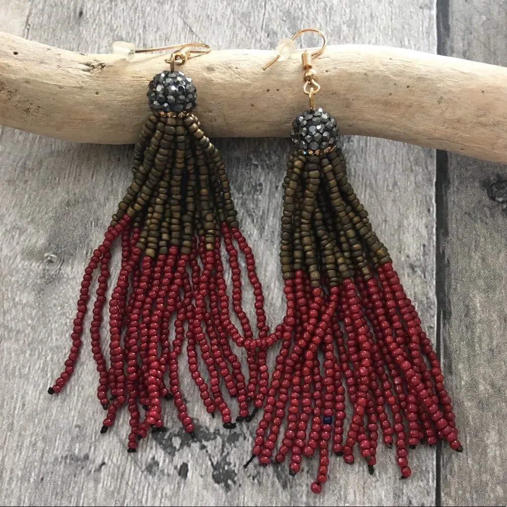 Red And Green Seed Bead Tassel Pave Crystal Earrings Green - Image 7
