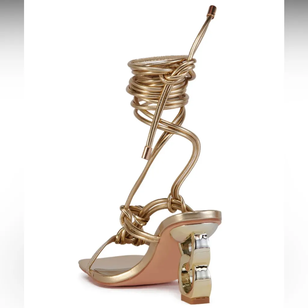 AZALEA WANG Stupendous Gold Ankle Wrap Lace Up High Linking Heel Sandal Size 6.5 - Image 3