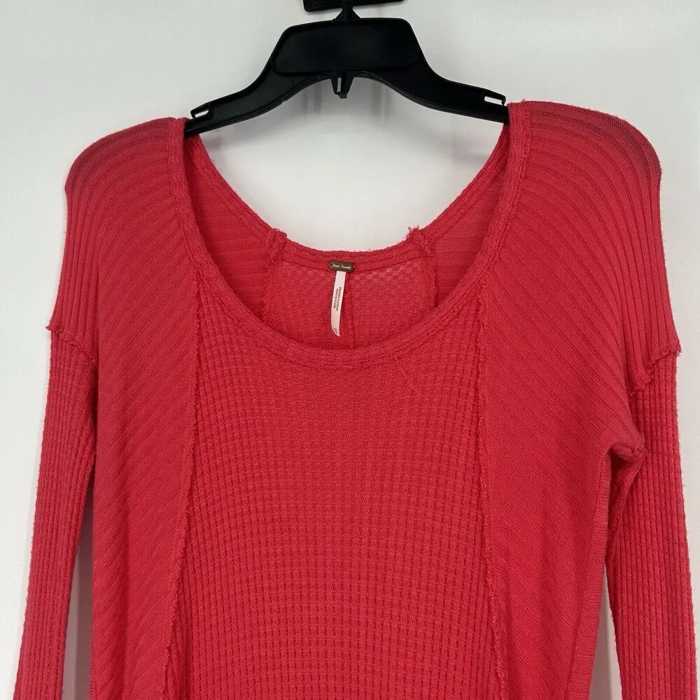 Free People Drippy Thermal Tunic Top Waffle Knit Pink High Low Long Slee… - Image 3