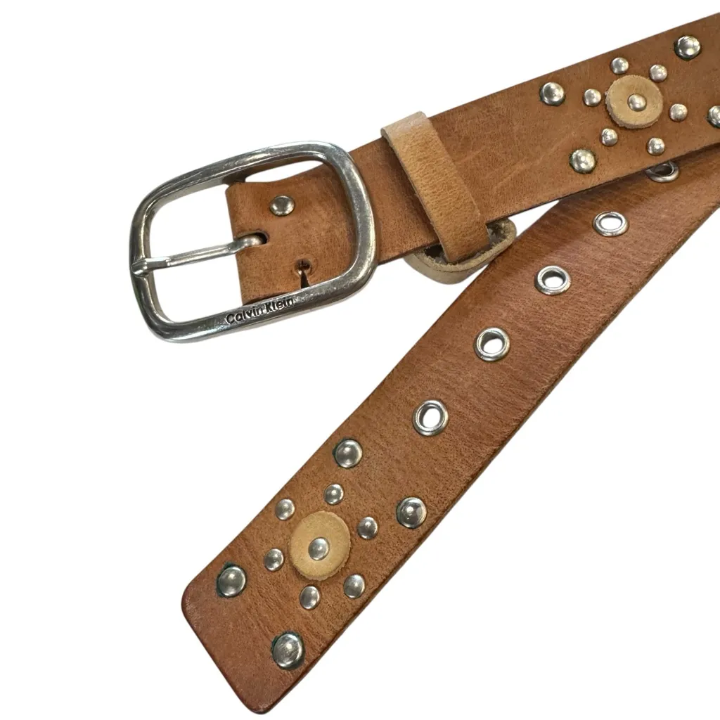 Calvin Klein Studded Leather Belt | Brown Western Boho | Silver Buckle XL - Image 8