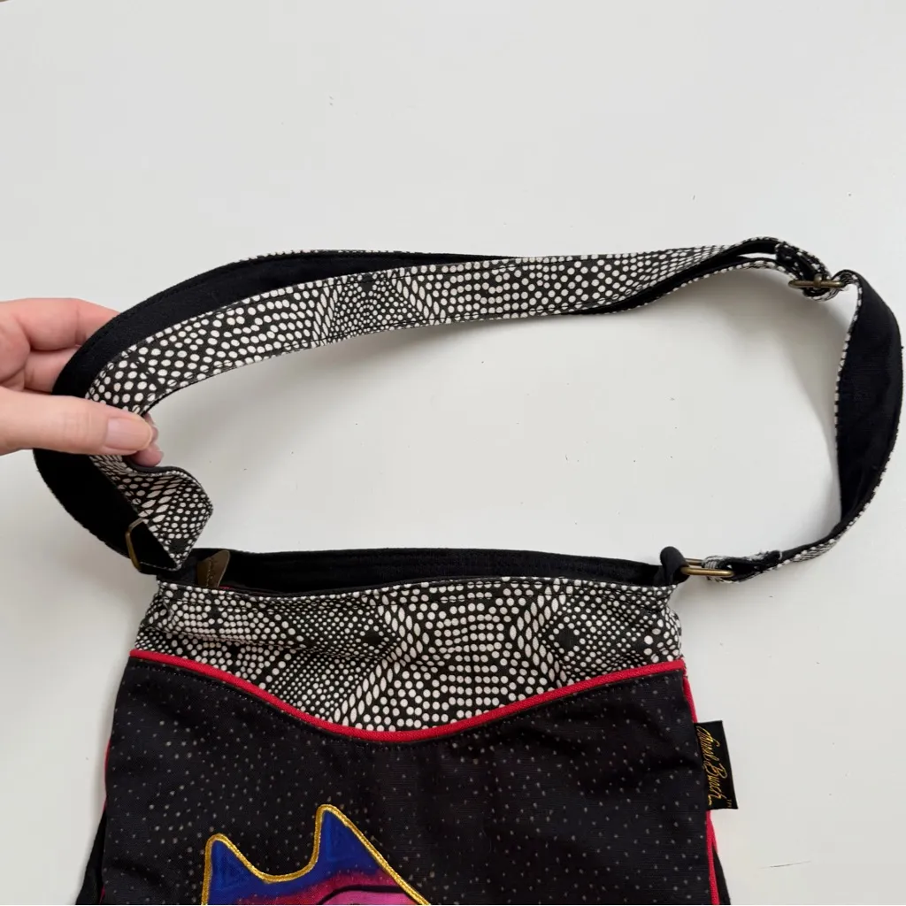 Laurel Burch Purse Crossbody Cats Sequin Flowers Aztec Pockets Black White Red - Image 5