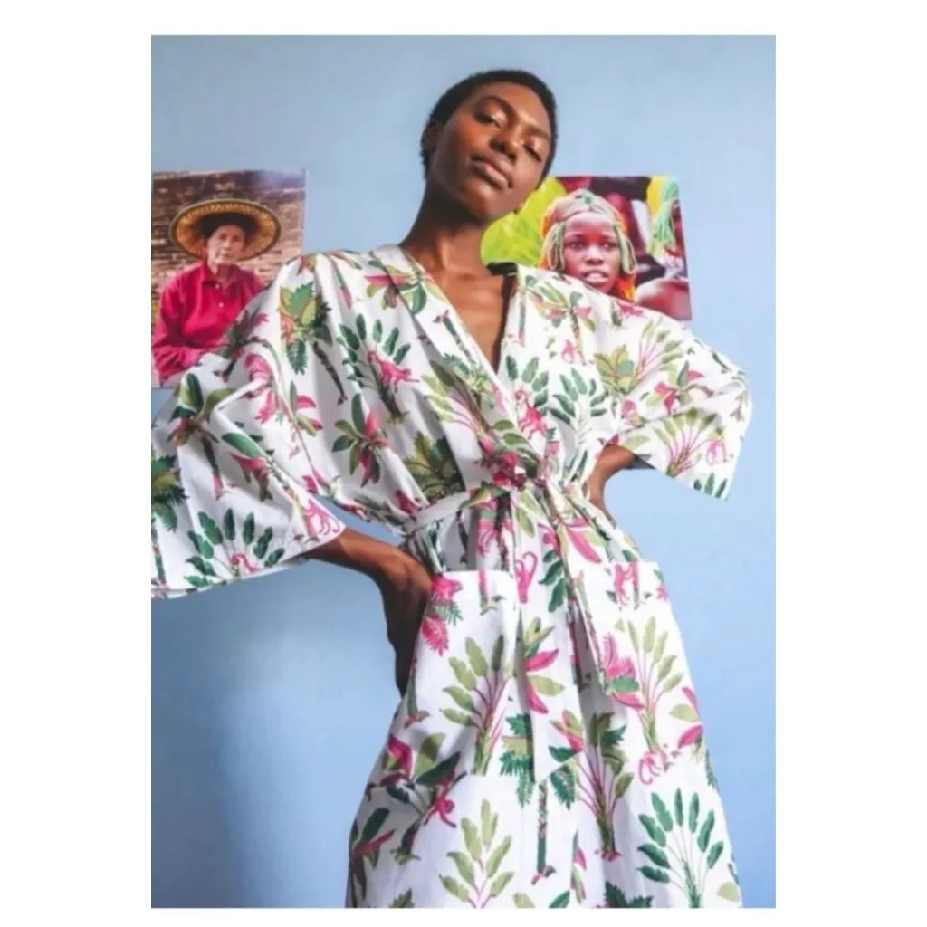 Women's Printfresh White Pink Palm Tree Monkey Robe M - Image 2