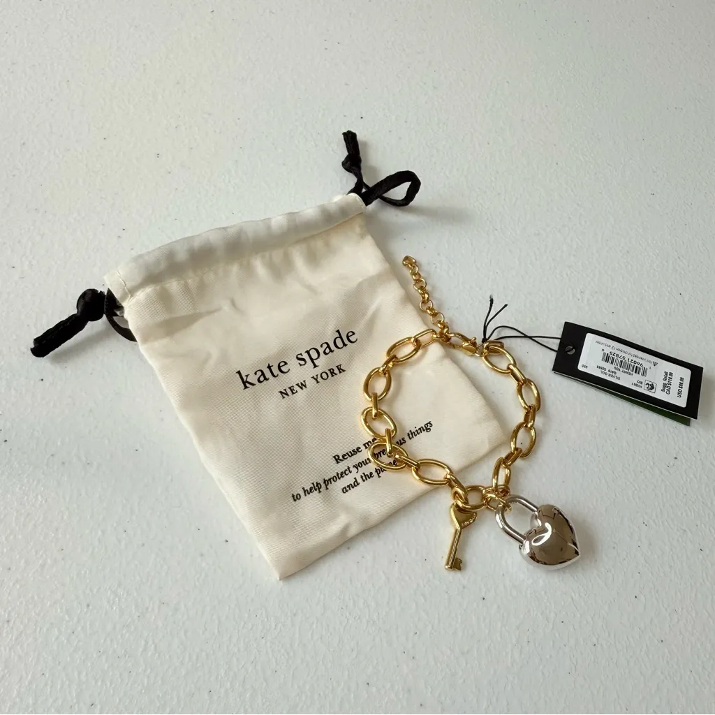 Kate Spade NWT Gold and Silver Heart You with lock and key Charm Bracelet - Image 2