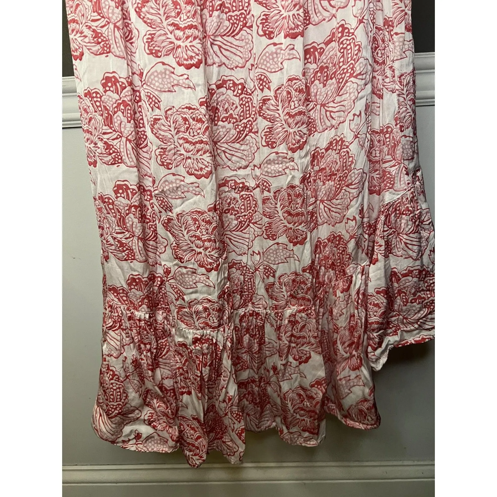 Alamwar Dress Womens Large White Red Floral V Neck Maxi Boho Tassel Tiered - Image 10