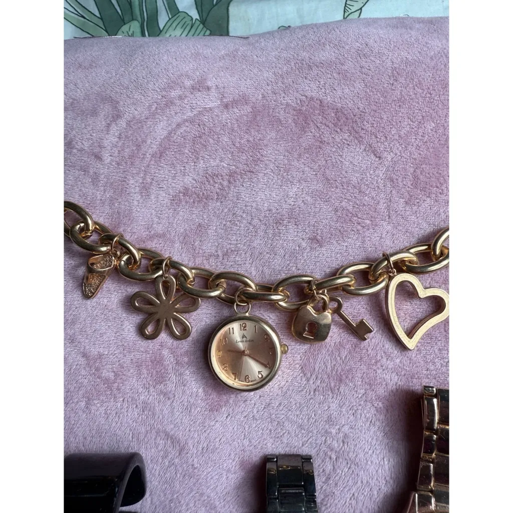 Lot of 4 Watches Charm Bracelet Mixed Metals Rose Gold Black Vintage Pink - Image 2